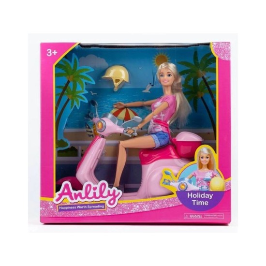 Anlily baba rózsaszín robogóval és sisakkal, 29 cm magas Anlily baba rózsaszín robogóval és sisakkal, 29 cm magas