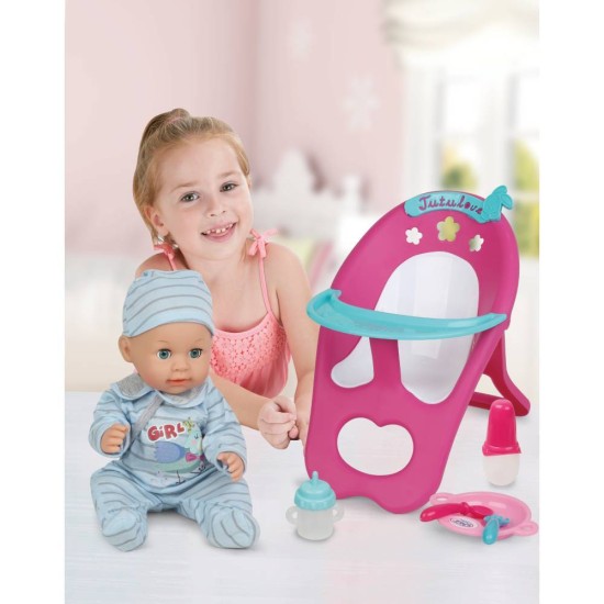 Játékbaba etetőszékkel, 30 cm magas Játékbaba etetőszékkel, 30 cm magas