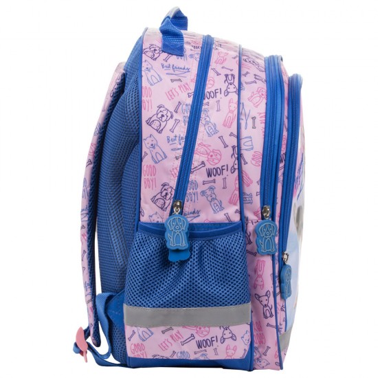 Cleo & Frank kétrekeszes elsős iskolatáska lányoknak, rózsaszín-kék, kutyás