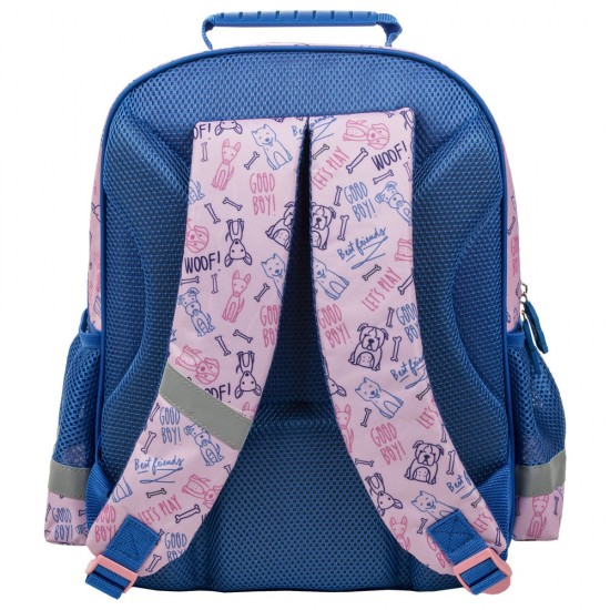 Cleo & Frank kétrekeszes elsős iskolatáska lányoknak, rózsaszín-kék, kutyás