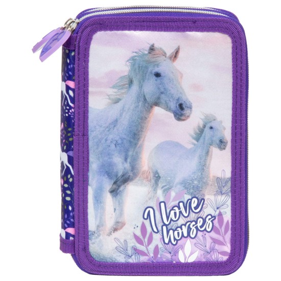 Kétrekeszes emeletes tolltartó felszereléssel, lovas, I love horses, lila