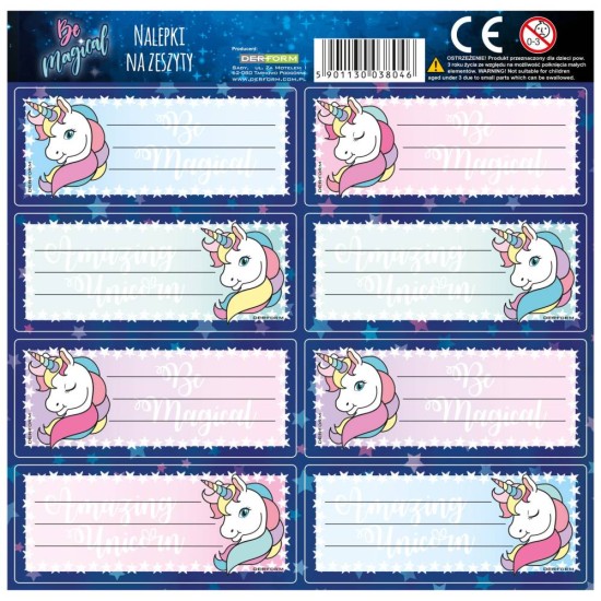 Backup füzetcimke, iskolai matrica könyvekhez és füzetekhez, unikornis mintával