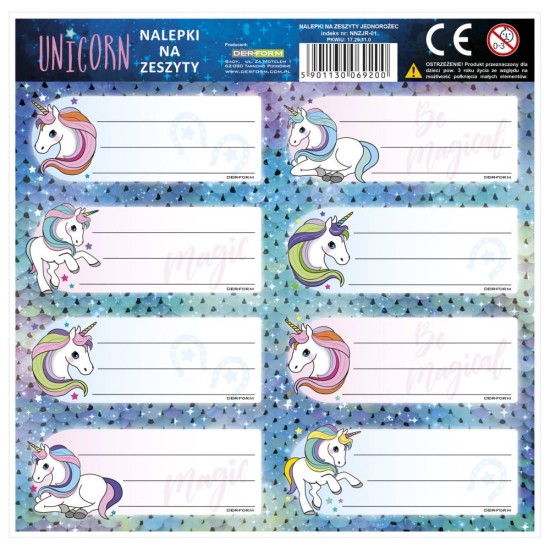 Backup füzetcimke, iskolai matrica könyvekhez és füzetekhez, unikornis mintával