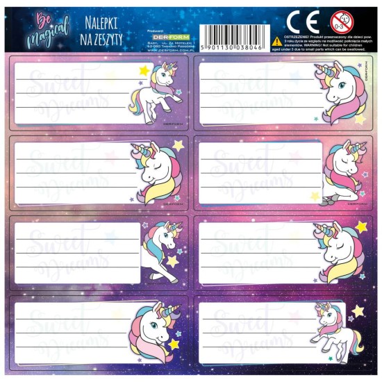 Backup füzetcimke, iskolai matrica könyvekhez és füzetekhez, unikornis mintával