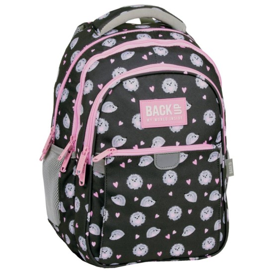 BackUP gyerek hátizsák lányoknak, háromrekeszes, süni, fekete