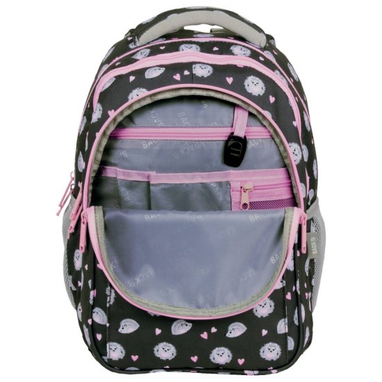 BackUP gyerek hátizsák lányoknak, háromrekeszes, süni, fekete
