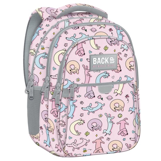 BackUP gyerek iskolatáska/hátizsák, háromrekeszes, kiskutyás rózsaszín