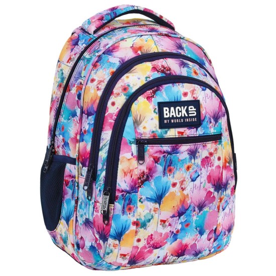 BackUP iskolatáska, hátizsák lányoknak, háromrekeszes, flower aquarell, virágos