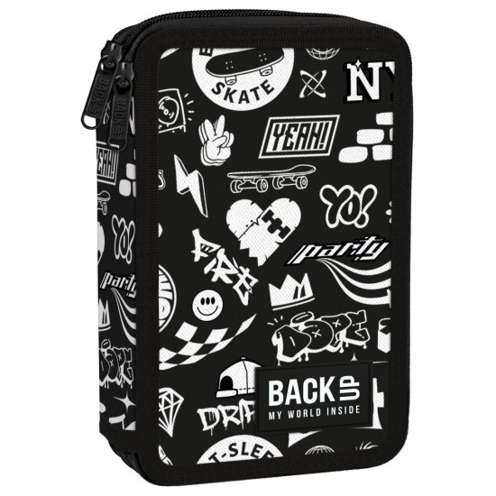 BackUp kétrekeszes, emeletes tolltartó, felszereléssel, grafity black and white