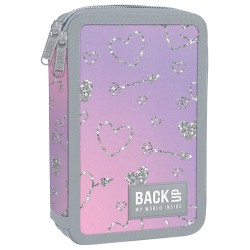 BackUp kétrekeszes, emeletes tolltartó, felszereléssel, rózsaszín silver glitter