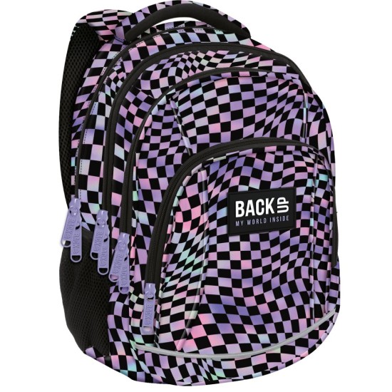 BackUP négyrekeszes iskolatáska, hátizsák, pepita szivárványos