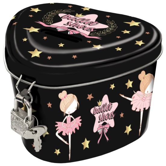 Balerinás persely lányoknak, szív alakú, lakattal zárható