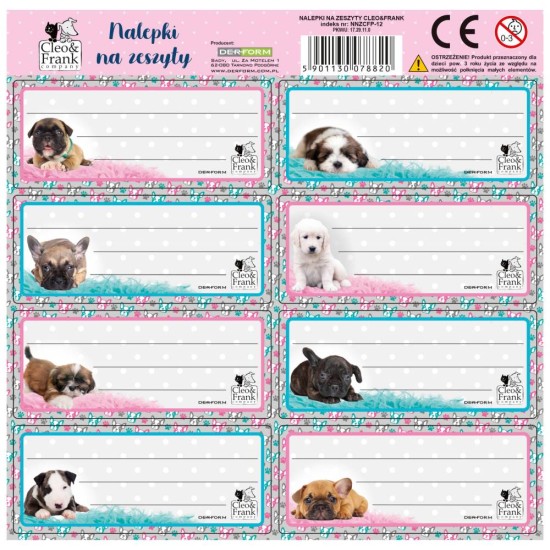 Cleo & Frank füzetcimke, iskolai matrica könyvekhez és füzetekhez, kiskutyás