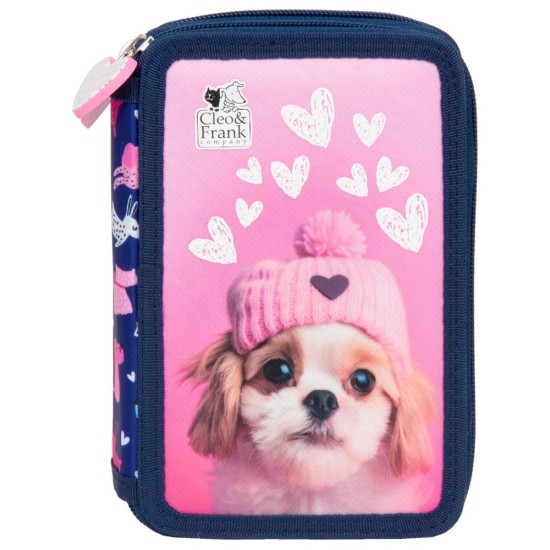 Cleo & Frank kétemeletes tolltartó, felszerelt, kiskutyás, kék-rózsaszín