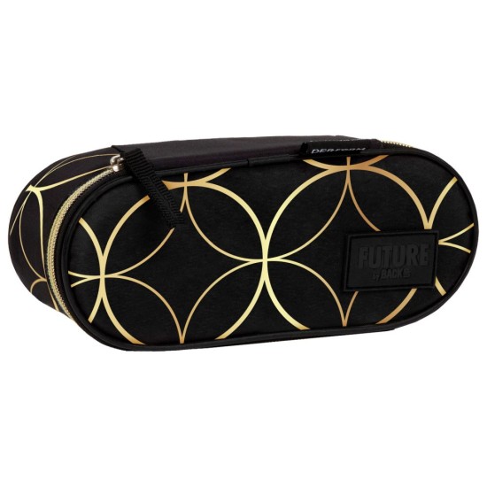 Egyrekeszes ovális tolltartó lányoknak, art deco, black-gold