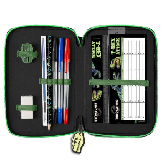 Háromrekeszes, emeletes tolltartó felszereléssel fiúknak, dinoszauruszos, T-Rex Attack