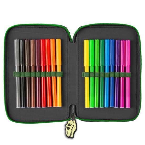 Háromrekeszes, emeletes tolltartó felszereléssel fiúknak, dinoszauruszos, T-Rex Attack