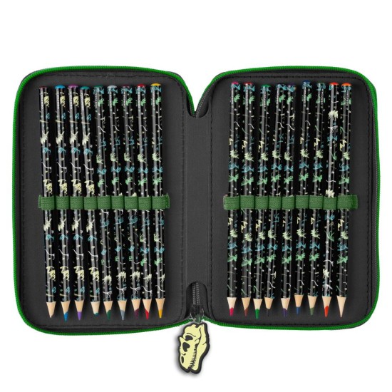 Háromrekeszes, emeletes tolltartó felszereléssel fiúknak, dinoszauruszos, T-Rex Attack