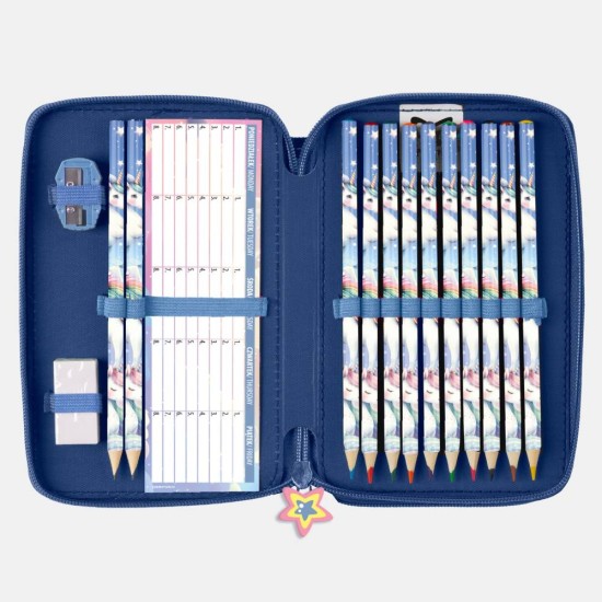 Kétemeletes, felszerelt tolltartó lányoknak, szivárványos unikornis, Unicorn Powers