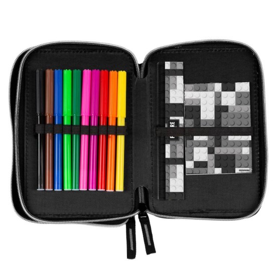 Kétemeletes tolltartó fiúknak, felszerelt, lego, black-white