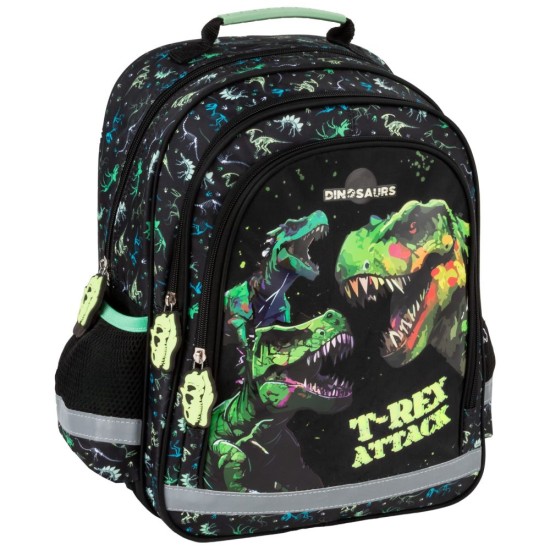 Kétrekeszes elsős iskolatáska és hátizsák fiúknak, dinoszauruszos, T-Rex Attack