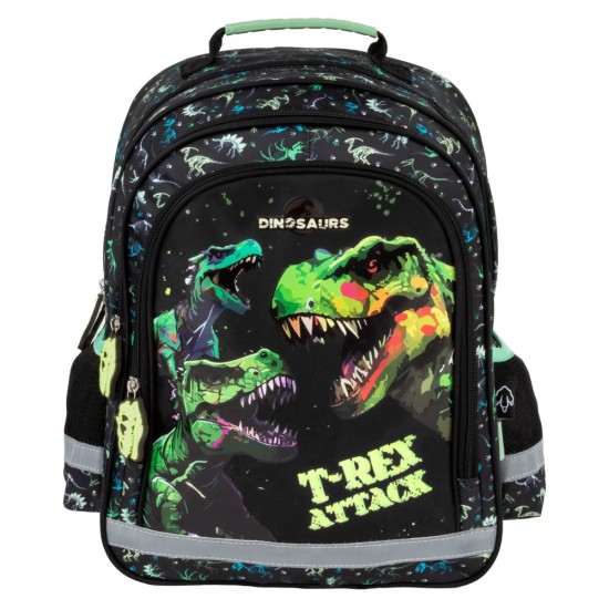 Kétrekeszes elsős iskolatáska és hátizsák fiúknak, dinoszauruszos, T-Rex Attack