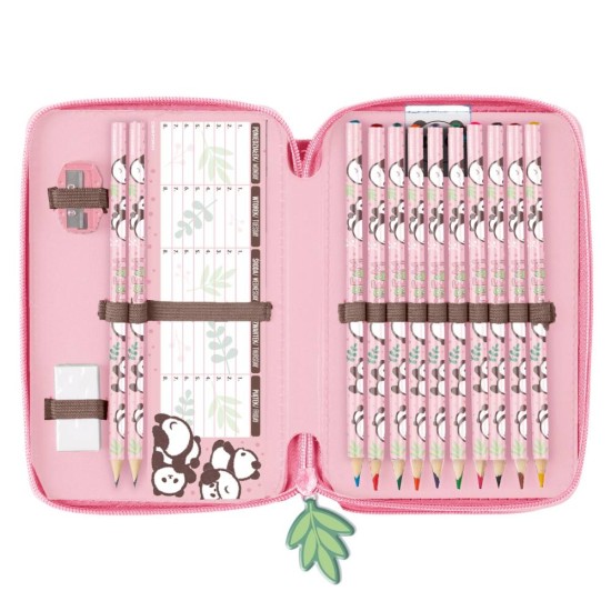 Kétrekeszes emeletes tolltartó felszereléssel lányoknak, Panda mania