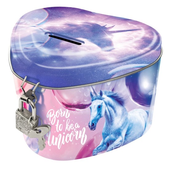 Lakattal zárható, szív alakú persely lányoknak, unikornisos, Born to be Unicorn