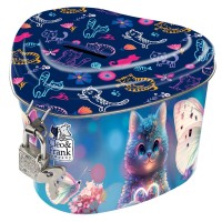 Szív alakú lakattal zárható persely kislányoknak, cicás, kék