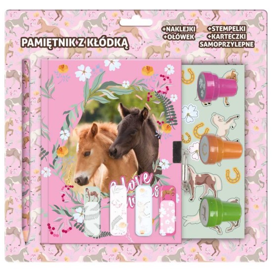 Titkos napló lakattal, matricákkal és bélyegzőkkel, lovas