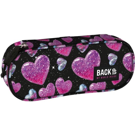 BackUp egyrekeszes ovális tolltartó lányoknak, csillogó szívecskék