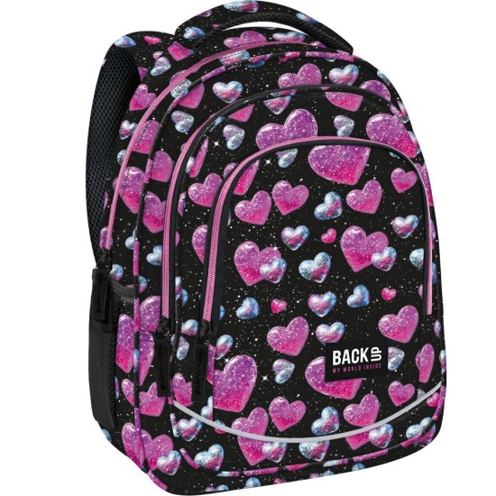 BackUp ergonomikus iskolatáska, hátizsák lányoknak, háromrekeszes, csillogó szívecskék