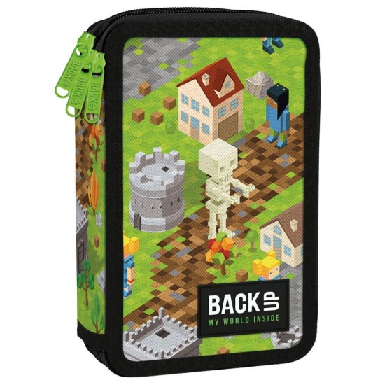 BackUp háromrekeszes, emeletes tolltartó fiúknak, felszereléssel Minecraft Gamer