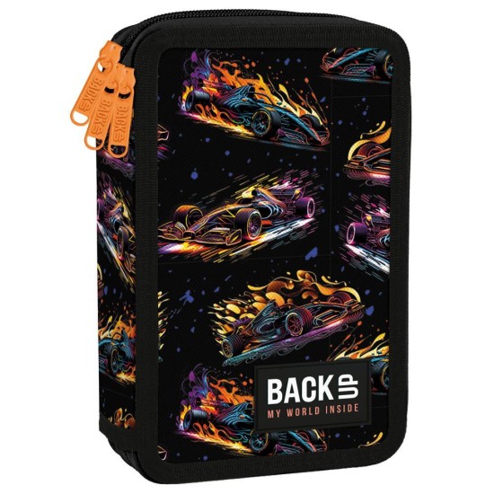 BackUp háromrekeszes, emeletes tolltartó fiúknak, felszereléssel, versenyautós