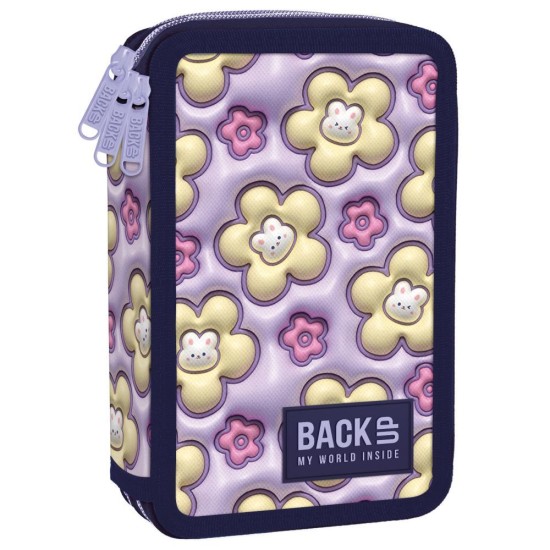 BackUp háromrekeszes, emeletes tolltartó lányoknak, felszereléssel, 3D virágos