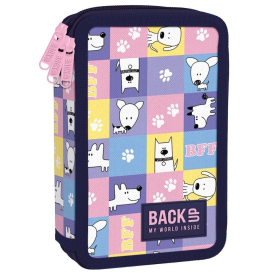 BackUp háromrekeszes, emeletes tolltartó lányoknak, felszereléssel, Dog World Pepita