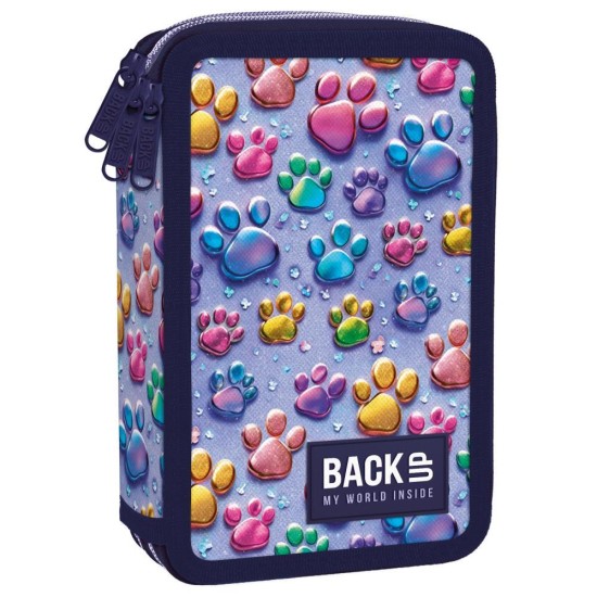 BackUp háromrekeszes, emeletes tolltartó lányoknak, felszereléssel, tappancsok