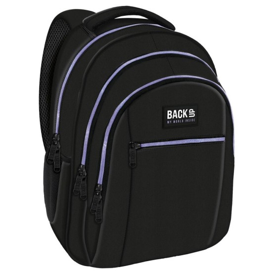 BackUp iskolatáska, hátizsák, háromrekeszes, fekete, lila cipzáras