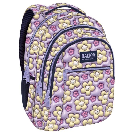 BackUp iskolatáska, hátizsák lányoknak, háromrekeszes, 3D virágos