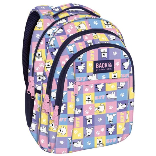 BackUp iskolatáska, hátizsák lányoknak, háromrekeszes, Dog World Pepita