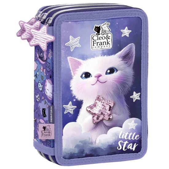 Cleo & Frank háromrekeszes tolltartó felszereléssel lányoknak, kiscicás, lila