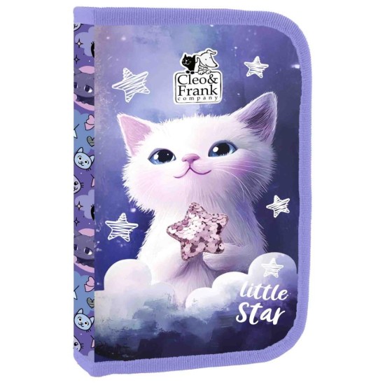 Cleo & Frank kiscicás egyrekeszes kihajtható tolltartó felszereléssel lányoknak, lila, Little Star