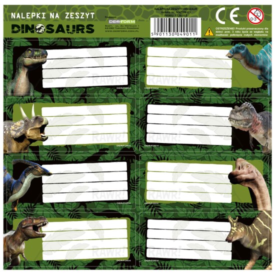 Backup füzetcimke, iskolai matrica könyvekhez és füzetekhez, dinoszauruszos mintával
