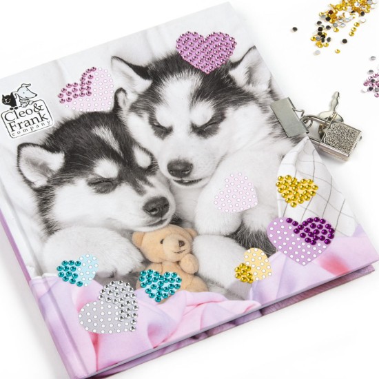 Gyémántos napló lakattal, 3 színű tollal, Cleo & Frank kiskutyás, Life is better with dog