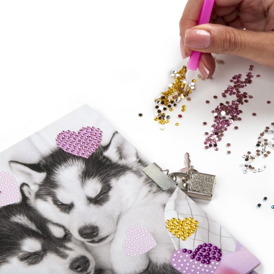 Gyémántos napló lakattal, 3 színű tollal, Cleo & Frank kiskutyás, Life is better with dog