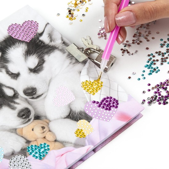 Gyémántos napló lakattal, 3 színű tollal, Cleo & Frank kiskutyás, Life is better with dog