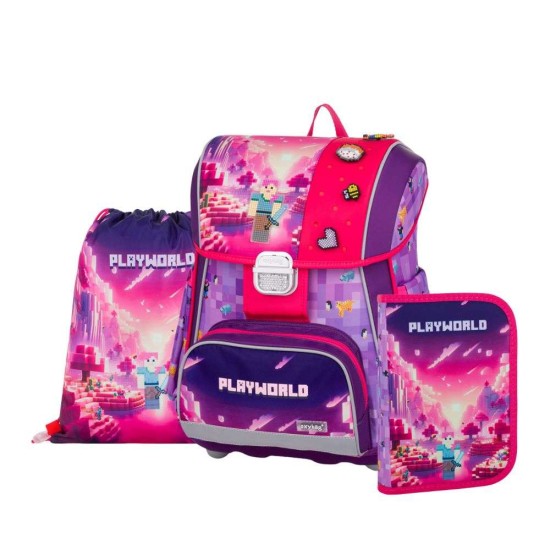 Premium Cool Playworld Girl ergonomikus iskolatáska szett tolltartóval és tornazsákkal lányoknak – 3 részes szett, Oxybag