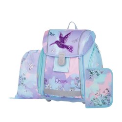 PREMIUM LIGHT COLIBRI DREAM kolibri dekorációval készült csatos iskolatáska szett, tolltartóval és tornazsákkal lányoknak, 3 részes szett - Oxybag