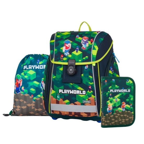 PREMIUM LIGHT PLAYWORLD Minecraft gamer dekorációval készült iskolatáska szett, tolltartóval és tornazsákkal fiúknak, 3 részes szett, Oxybag