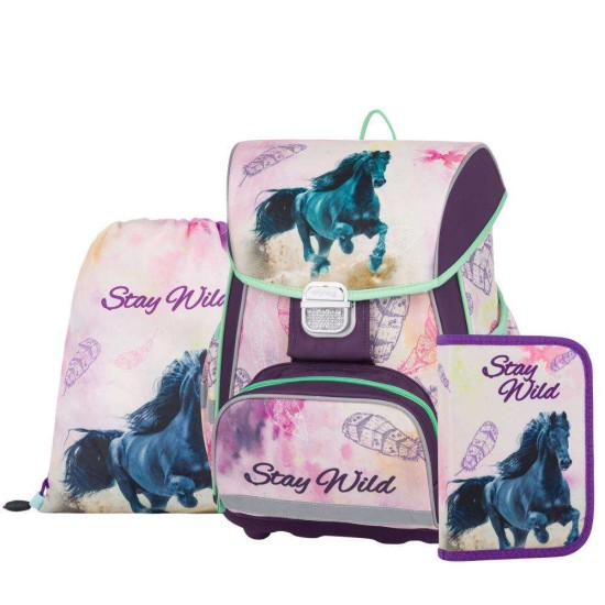 PREMIUM ONE HORSE lovas dekorációval készült csatos iskolatáska szett, tolltartóval és tornazsákkal lányoknak, 3 részes szett - Oxybag